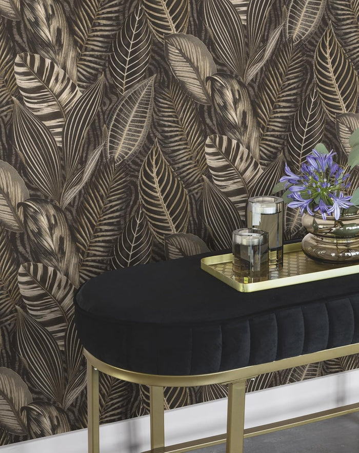 Exotic Leaves Wallpaper - Black and Gold