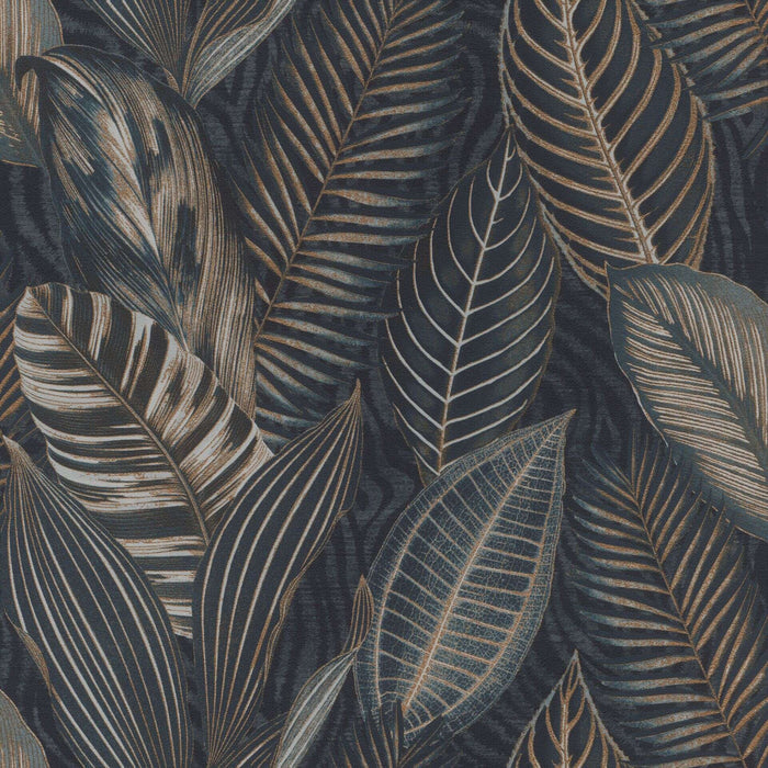Exotic Leaves Wallpaper - Dark Blue and Copper