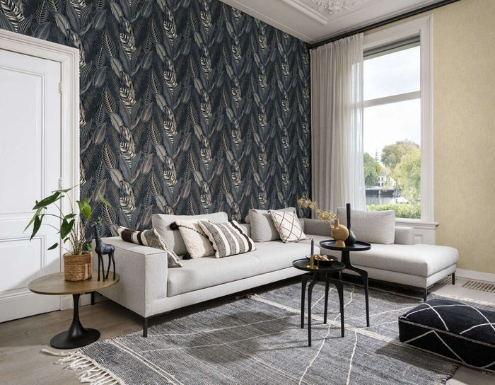 Exotic Leaves Wallpaper - Dark Blue and Copper