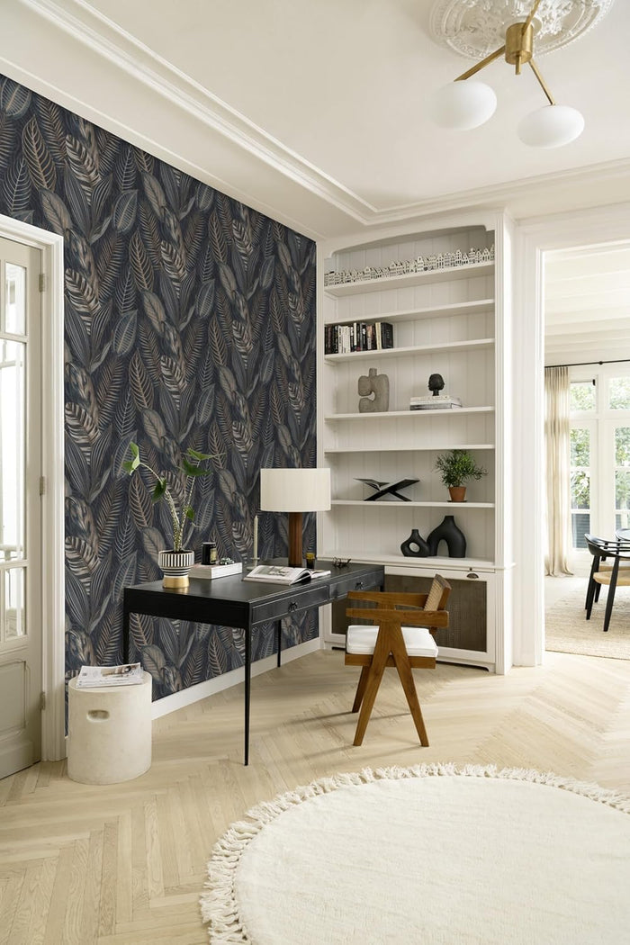 Exotic Leaves Wallpaper - Dark Blue and Copper