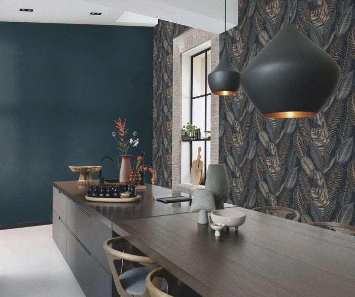 Exotic Leaves Wallpaper - Dark Blue and Copper