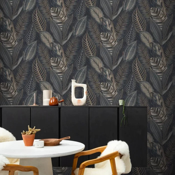 Exotic Leaves Wallpaper - Dark Blue and Copper