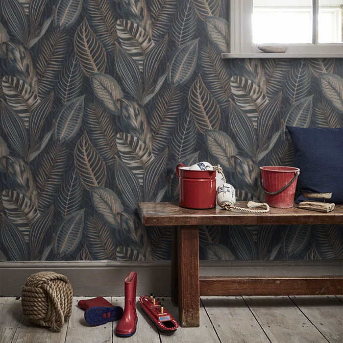 Exotic Leaves Wallpaper - Dark Blue and Copper
