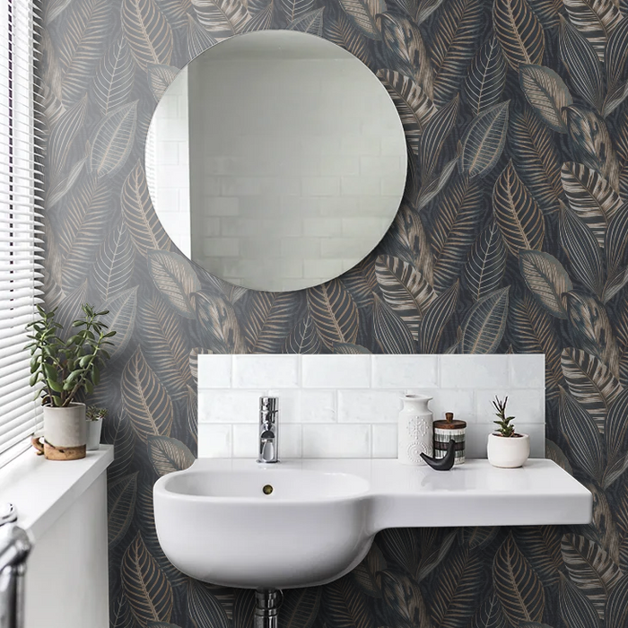 Exotic Leaves Wallpaper - Dark Blue and Copper