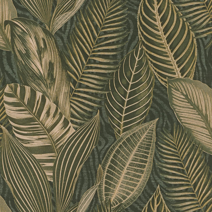 Exotic Leaves Wallpaper - Dark Green and Gold