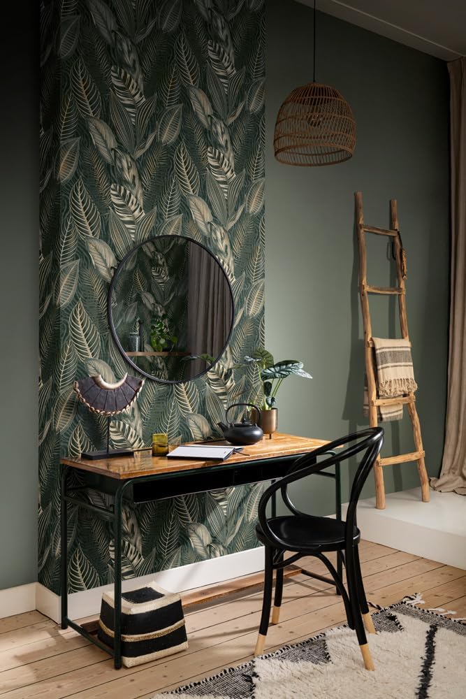 Exotic Leaves Wallpaper - Dark Green and Gold
