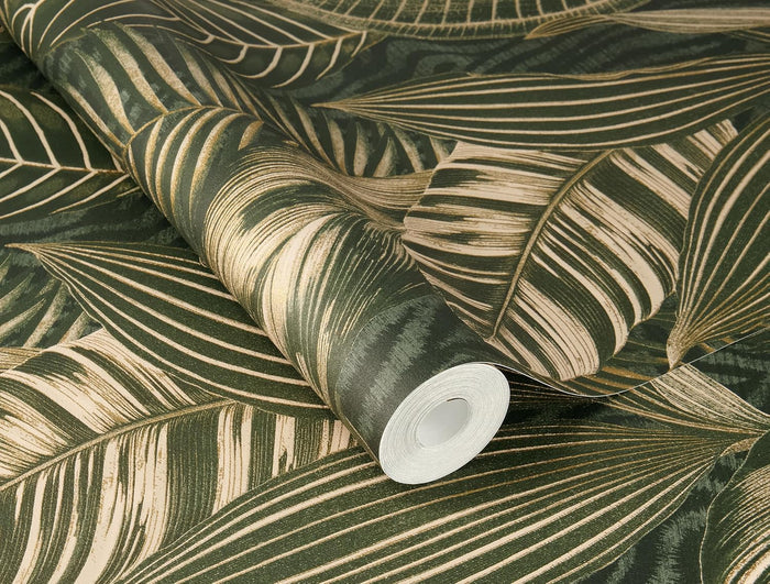 Exotic Leaves Wallpaper - Dark Green and Gold