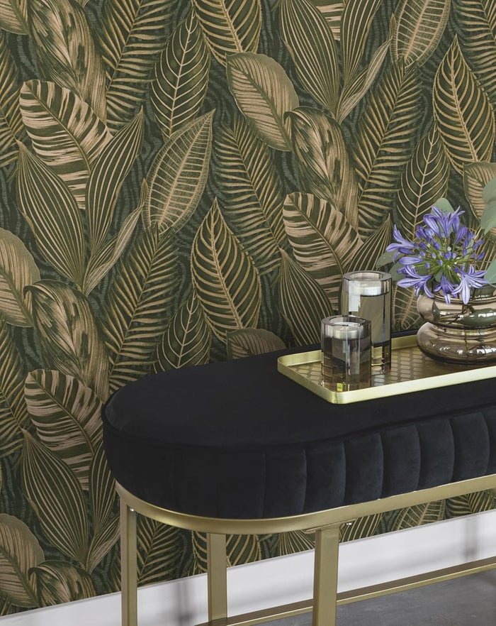Exotic Leaves Wallpaper - Dark Green and Gold