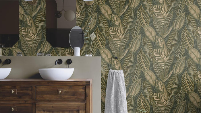 Exotic Leaves Wallpaper - Dark Green and Gold