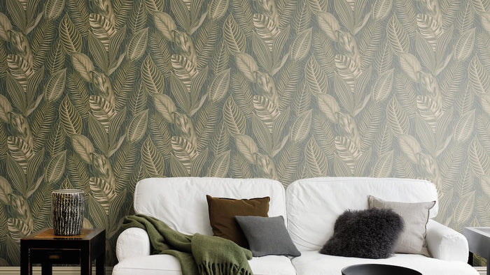 Exotic Leaves Wallpaper - Dark Green and Gold