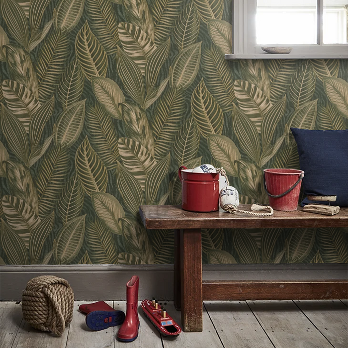 Exotic Leaves Wallpaper - Dark Green and Gold