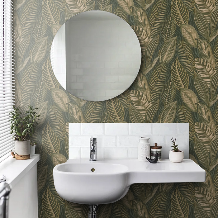 Exotic Leaves Wallpaper - Dark Green and Gold