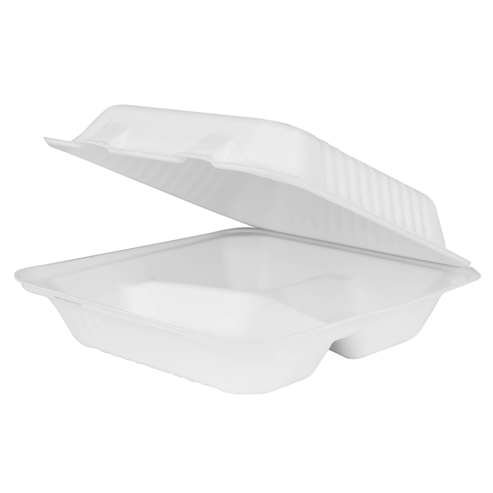 Extra Large Compostable 3 Compartment Food Container - Karat Earth 9x9 Bagasse Hinged Box 200 ct-To-Go Packaging-Karat-Restaurant Supply Drop
