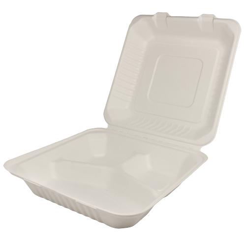 Extra Large Compostable 3 Compartment Food Container - Karat Earth 9x9 Bagasse Hinged Box 200 ct-To-Go Packaging-Karat-Restaurant Supply Drop