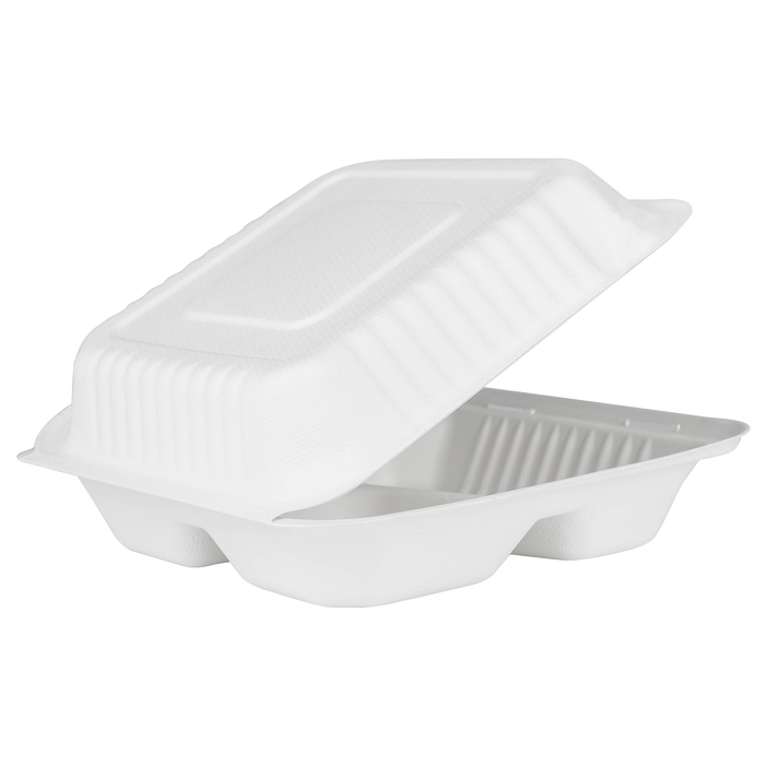 Extra Large Compostable 3 Compartment Food Container - Karat Earth 9x9 Bagasse Hinged Box 200 ct-To-Go Packaging-Karat-Restaurant Supply Drop