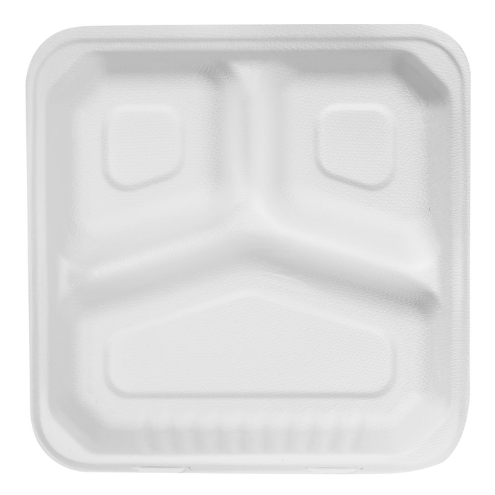 Extra Large Compostable 3 Compartment Food Container - Karat Earth 9x9 Bagasse Hinged Box 200 ct-To-Go Packaging-Karat-Restaurant Supply Drop
