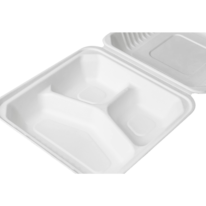 Extra Large Compostable 3 Compartment Food Container - Karat Earth 9x9 Bagasse Hinged Box 200 ct-To-Go Packaging-Karat-Restaurant Supply Drop