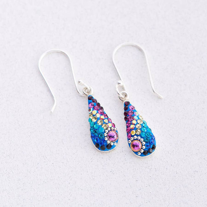 Fairy Teardrop Earrings by Mosaico Jewels featuring a colorful design with shimmering blue, purple, and gold accents.