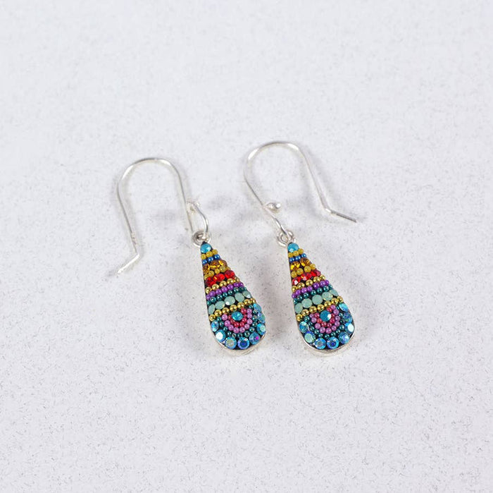Fairy Teardrop Earrings by Mosaico Jewels showcasing a vibrant arrangement of pink, blue, and gold stones in a teardrop shape.