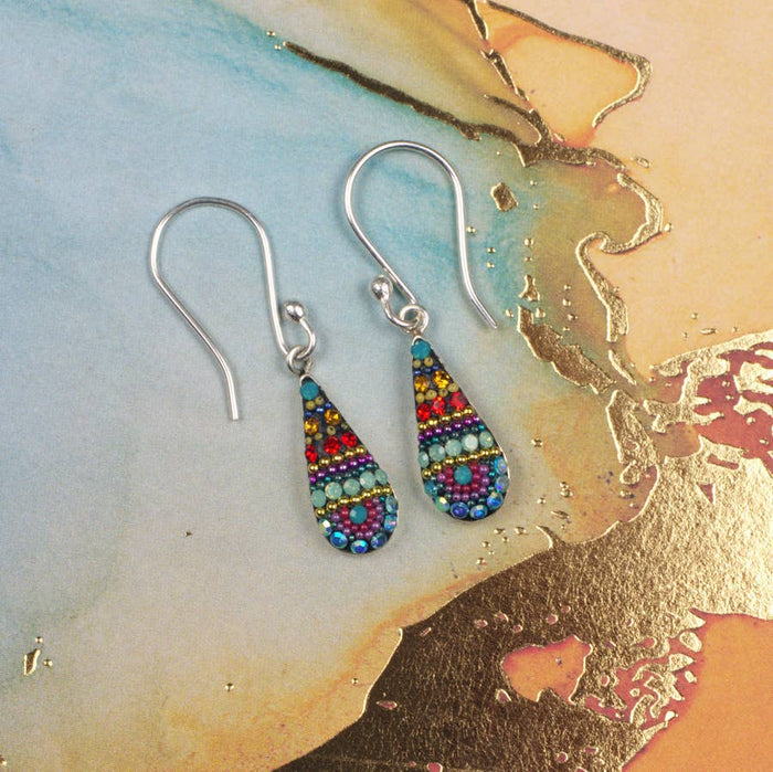 Fairy Teardrop Earrings by Mosaico Jewels with an intricate pattern of colorful stones on a stylish background.