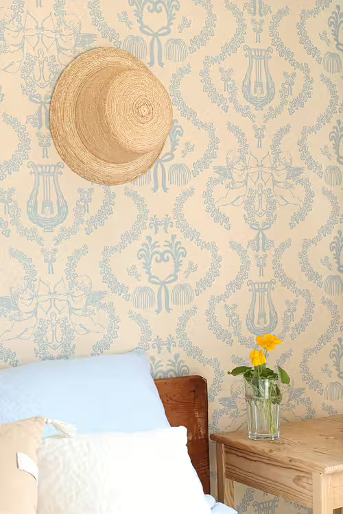 Flame of Love Cherub Toile Wallpaper – Heavenly Blue