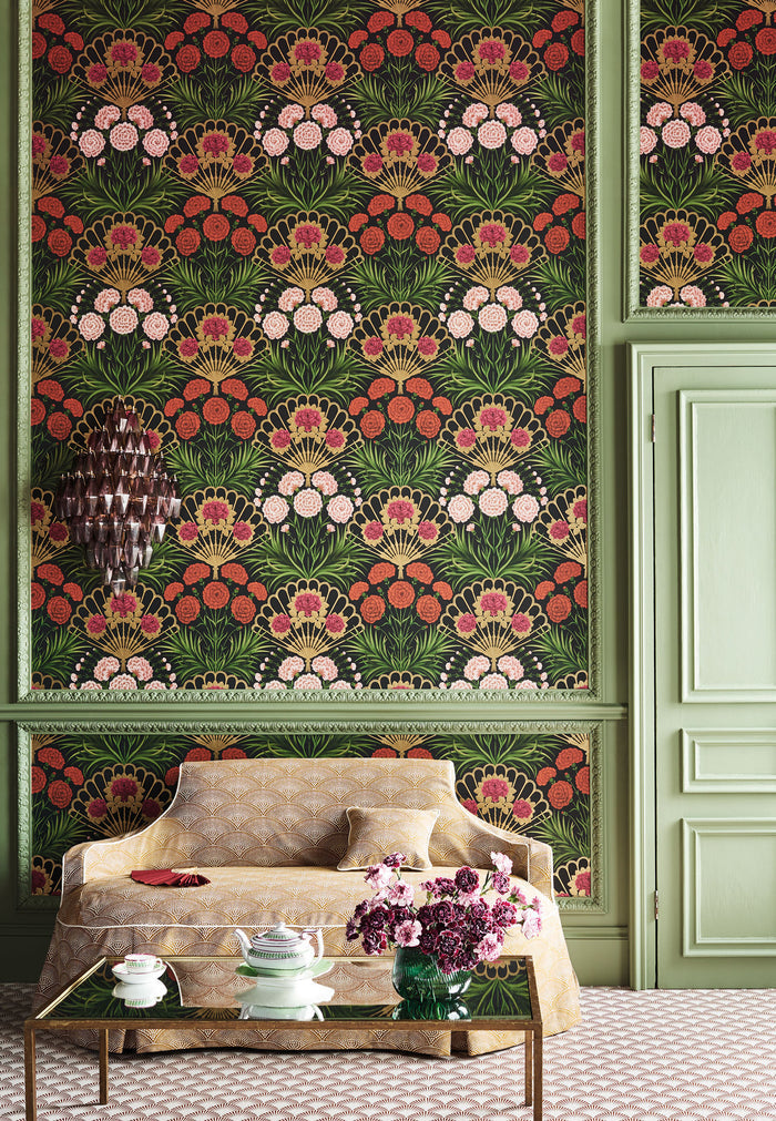 Flamenco Fan Wallpaper - Dark Tangerine and Metallic Gold On Black