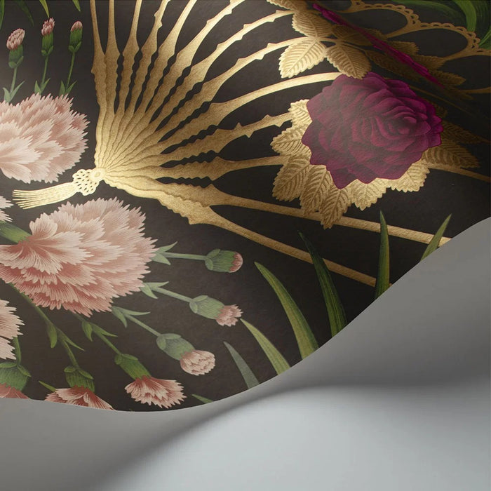 Flamenco Fan Wallpaper - Dark Tangerine and Metallic Gold On Black