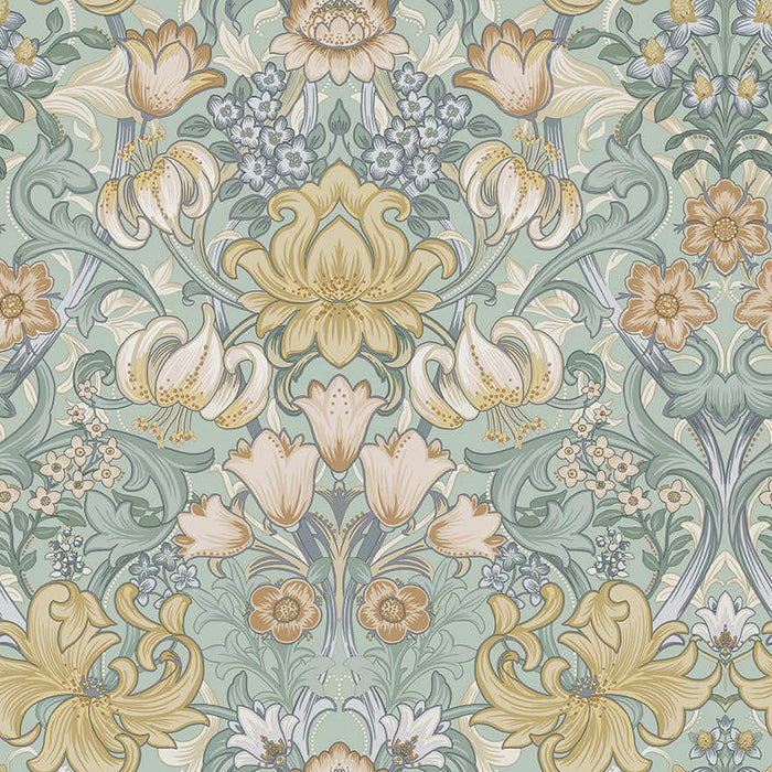 Fleurmont aqua multi floral damask wallpaper with lilies, tulips and acanthus scrollwork