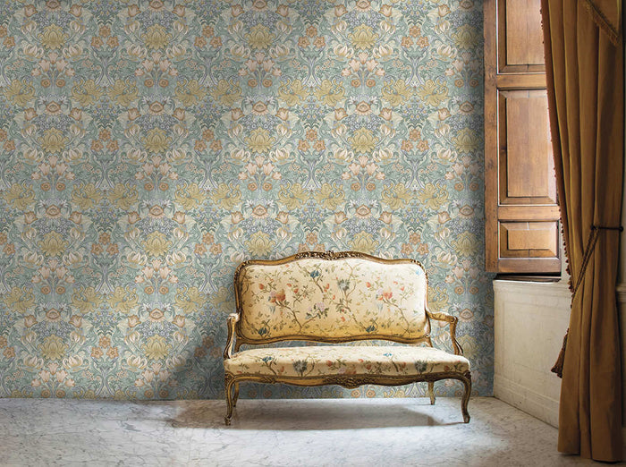 Aqua Fleurmont damask wallpaper on a bedroom wall