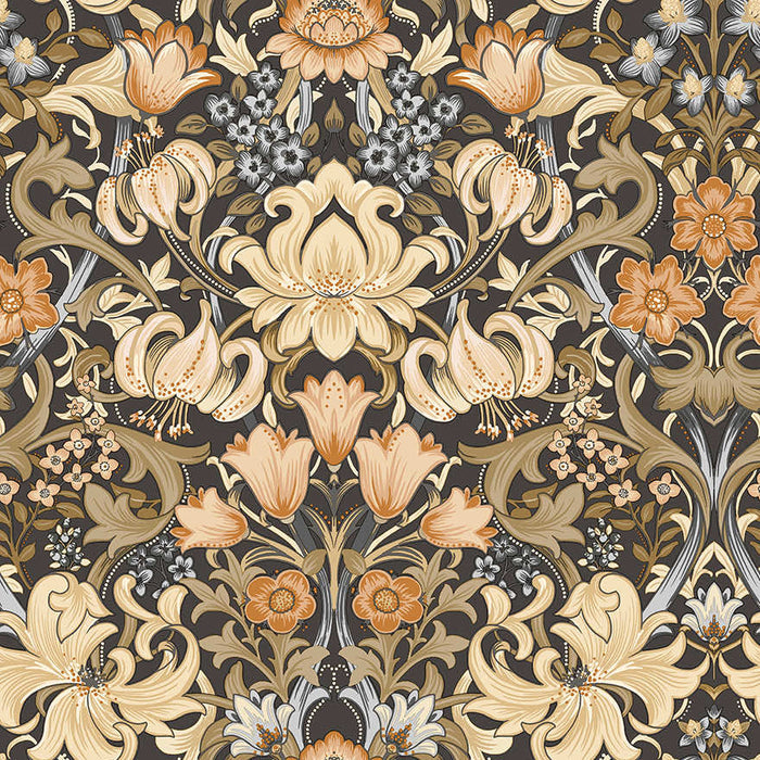 Fleurmont charcoal and orange floral damask wallpaper with lilies, tulips and acanthus scrollwork