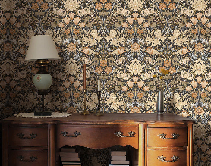 Charcoal and orange Fleurmont damask wallpaper on a hallway wall