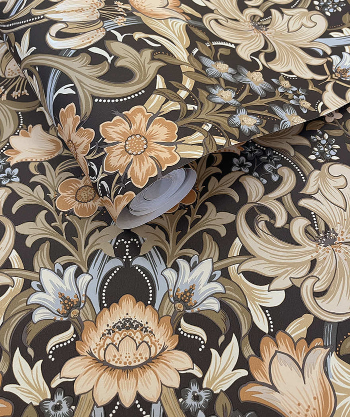 Roll of Fleurmont floral damask wallpaper in charcoal and orange