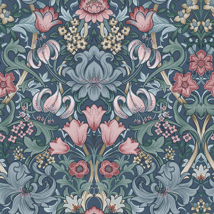 Fleurmont navy and blush floral damask wallpaper with lilies, tulips and acanthus scrollwork
