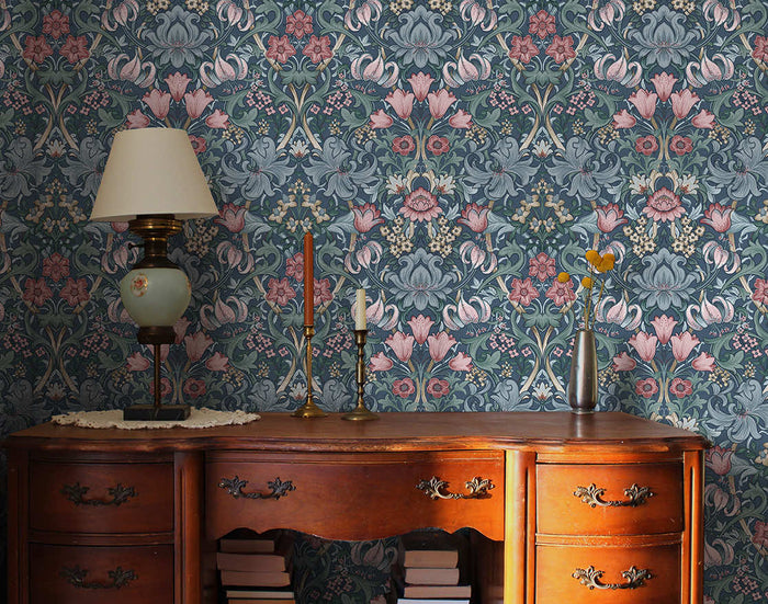 Navy Fleurmont damask wallpaper on a dining room wall