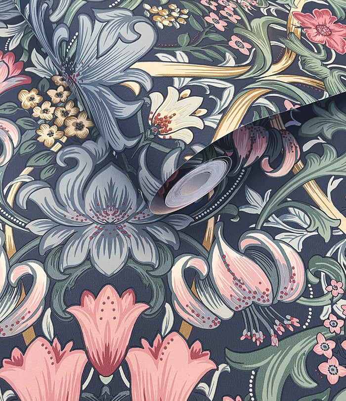 Roll of Fleurmont floral damask wallpaper in navy blush
