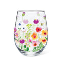 Floral Bee Garden Wine Glass (14oz) by Abbott featuring a whimsical watercolor design of colorful blooming flowers and buzzing bees, perfect for sipping in style.