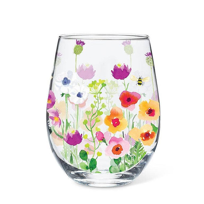 Floral Bee Garden Wine Glass (14oz) by Abbott featuring a whimsical watercolor design of colorful blooming flowers and buzzing bees, perfect for sipping in style.