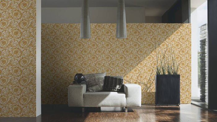 Versace Floral Garland Wallpaper - Gold/Beige