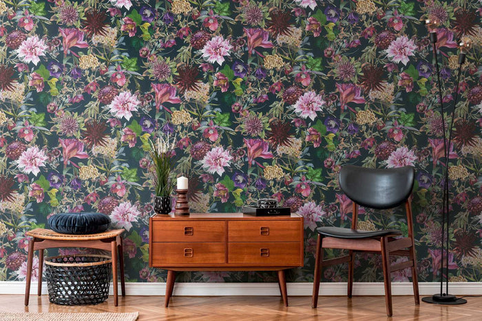 Floral Trails Wallpaper - Black + Pink