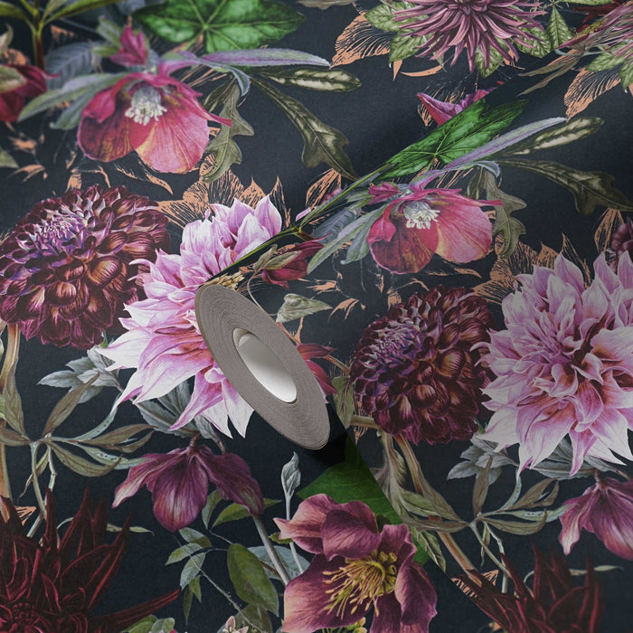 Floral Trails Wallpaper - Black + Pink
