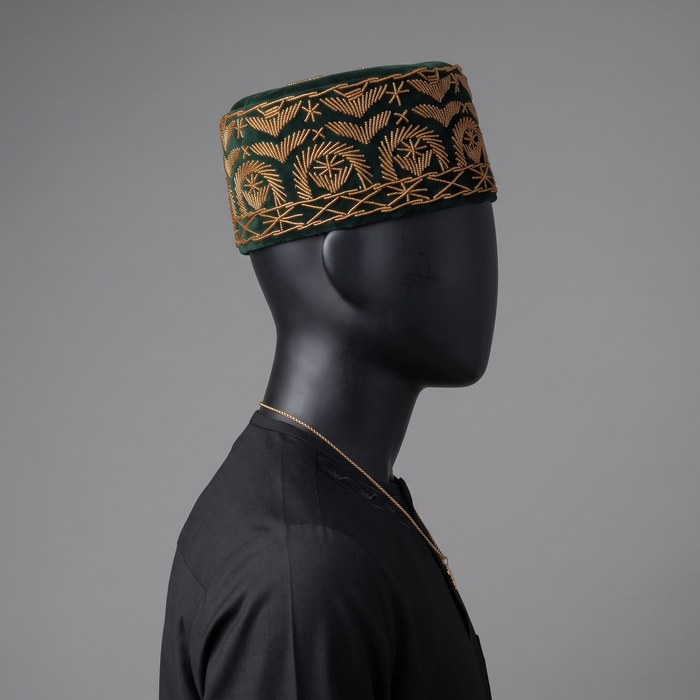 Forest Green Velvet Cap with Abstract Gold Beaded Motif