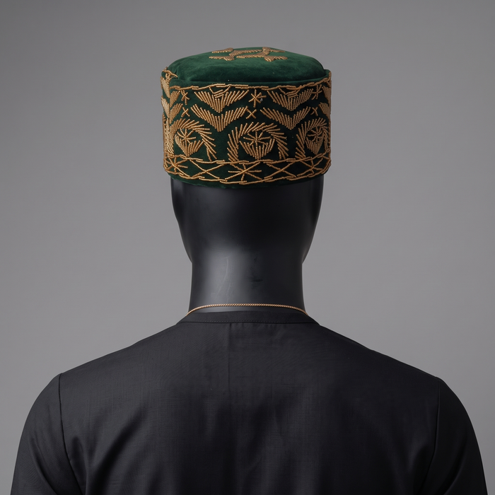 Forest Green Velvet Cap with Abstract Gold Beaded Motif