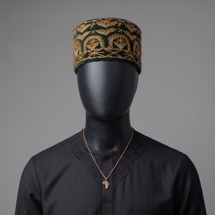 Forest Green Velvet Cap with Abstract Gold Beaded Motif
