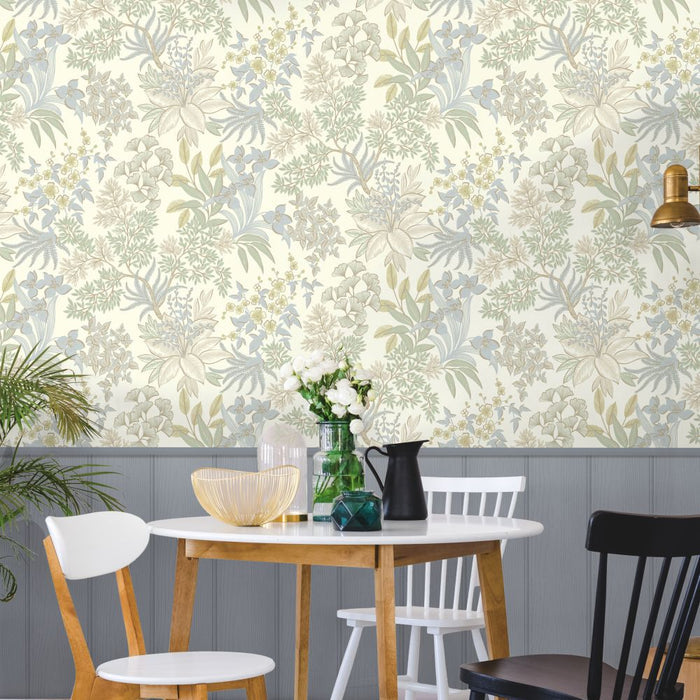 Full Bloom – Metallic Foliage Wallpaper – Blue Sage