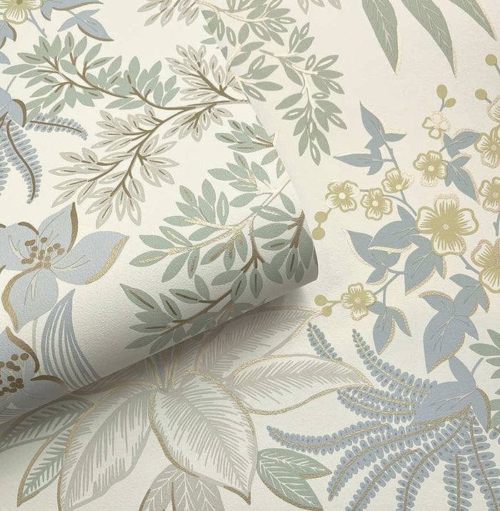 Full Bloom – Metallic Foliage Wallpaper – Blue Sage