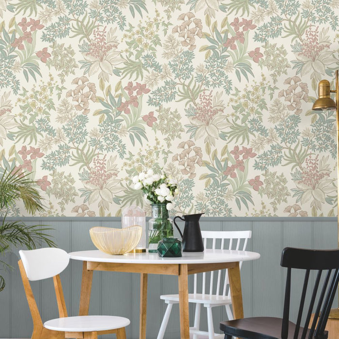Full Bloom – Metallic Foliage Wallpaper – Cream Pink