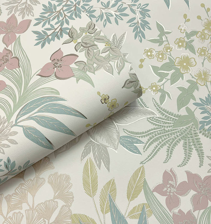Full Bloom – Metallic Foliage Wallpaper – Cream Pink