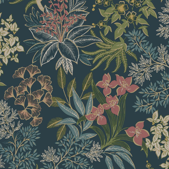 Full Bloom – Metallic Foliage Wallpaper – Teal