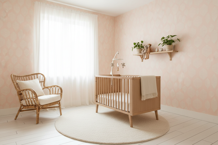 Nursery with Geo Leaf Peach Wallpaper and Stokke Mini Crib