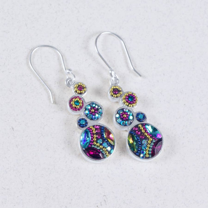 Colorful geometric crystal round earrings by Mosaico Jewels featuring a bold design with multi-colored stones.
